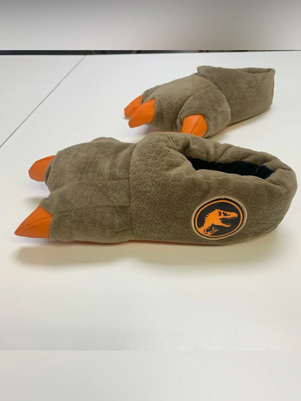 Kids Plush Dino Claw Slippers in Olive Green with Orange Claws